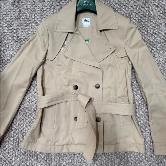 NEW Lacoste Women's Beige light Khaki Short trench coat pea coat . NWT size 38 - Picture 2 of 9